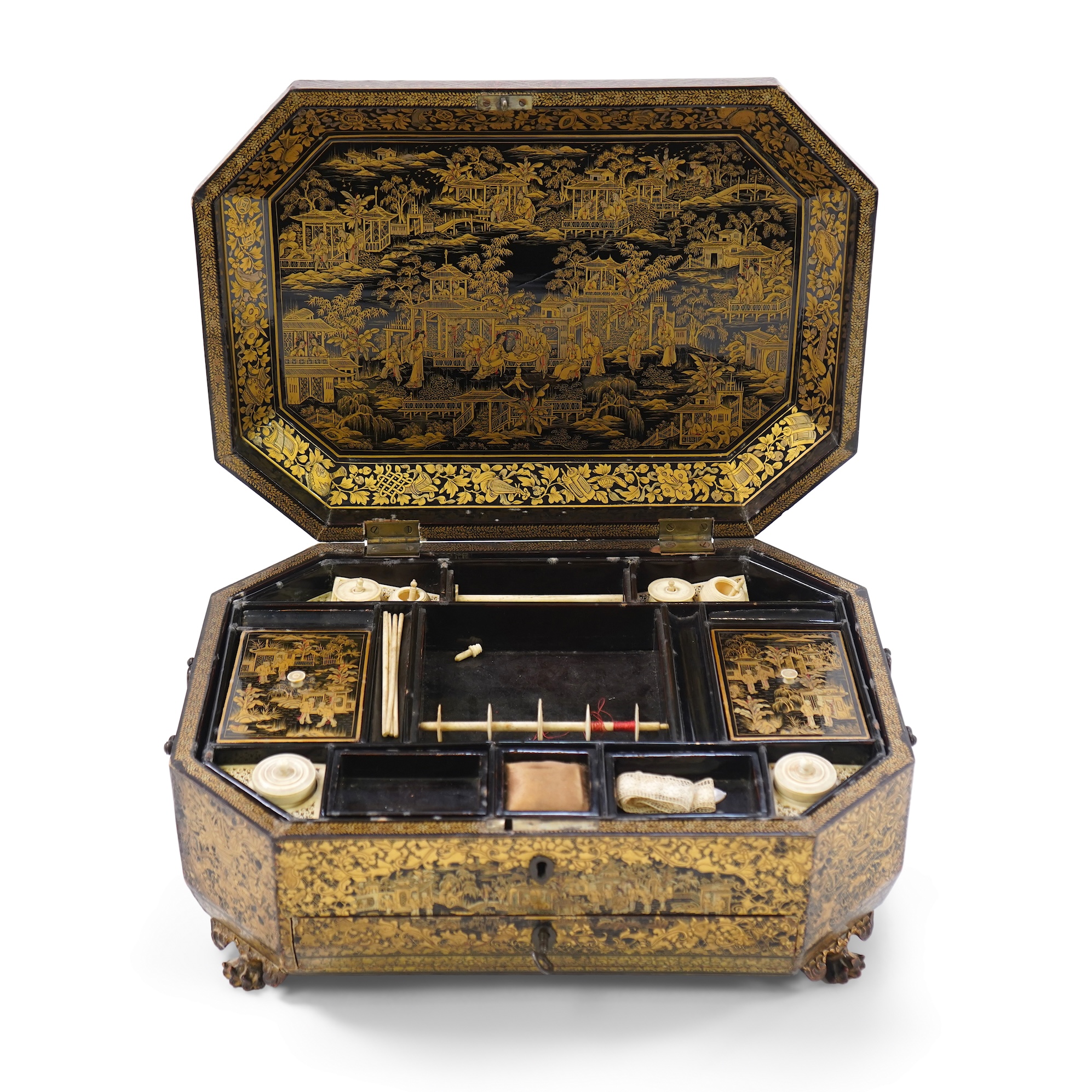 A Chinese export gilt decorated black lacquer sewing box, 19th century